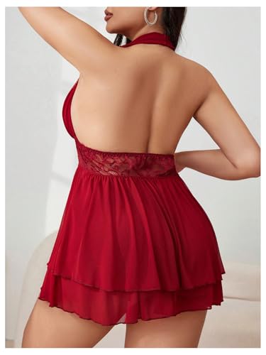 Women's Plus Size Lingerie Set Lace Deep V Neck Halter Babydoll Dress with Thong 2 Piece Nightwear - Image 3