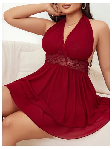 Women's Plus Size Lingerie Set Lace Deep V Neck Halter Babydoll Dress with Thong 2 Piece Nightwear - Image 4