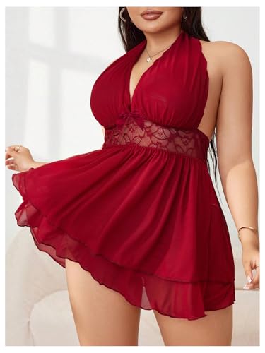 Women's Plus Size Lingerie Set Lace Deep V Neck Halter Babydoll Dress with Thong 2 Piece Nightwear - Image 5