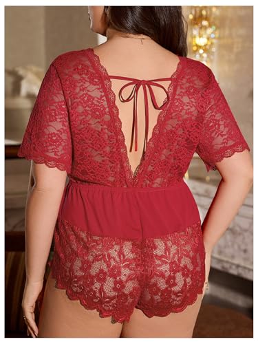 Women's Plus Size One Piece Pajamas Deep V Neck Contrast Lace Short Sleeve Tie Back Rompers Pjs - Image 3