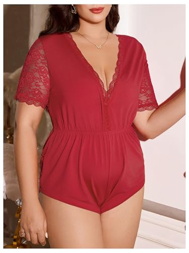 Women's Plus Size One Piece Pajamas Deep V Neck Contrast Lace Short Sleeve Tie Back Rompers Pjs - Image 4
