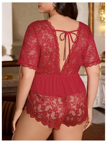 Women's Plus Size One Piece Pajamas Deep V Neck Contrast Lace Short Sleeve Tie Back Rompers Pjs - Image 5