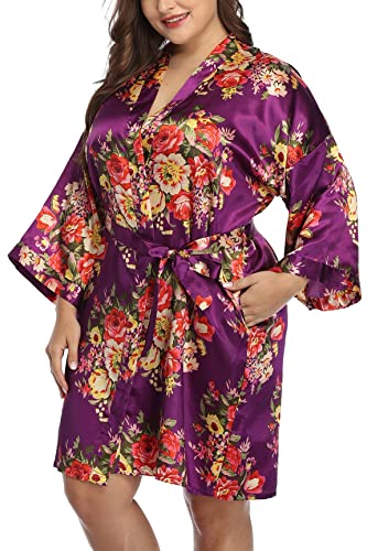 Womens Plus Size Silky Satin Kimono Robes Wedding Party Bridesmaid Sleepwear Bathrobe Dressing Gown - Image 3