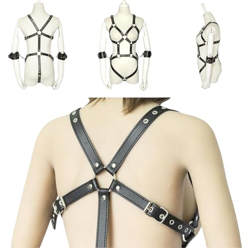 Women's Punk Body Harness Belt Lingerie, Gothic PU Leather Caged Garter Harness with Adjustable Handcuffs for Women, Rave Nightclub Cosplay Costume, Halloween Role Play Suspenders Garter Belt - Image 7