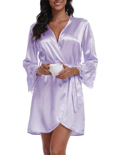 Alternative view of Women's Satin Robe Short Lace Trim Silk Kimono Bride Bridesmaids Robe with 3/4 Sleeve Sexy Sleepwear
