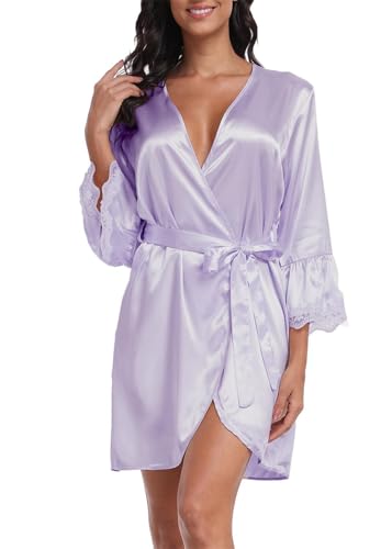 Women's Satin Robe Short Lace Trim Silk Kimono Bride Bridesmaids Robe with 3/4 Sleeve Sexy Sleepwear - Image 4