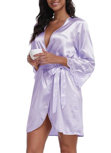 Women's Satin Robe Short Lace Trim Silk Kimono Bride Bridesmaids Robe with 3/4 Sleeve Sexy Sleepwear - Image 5
