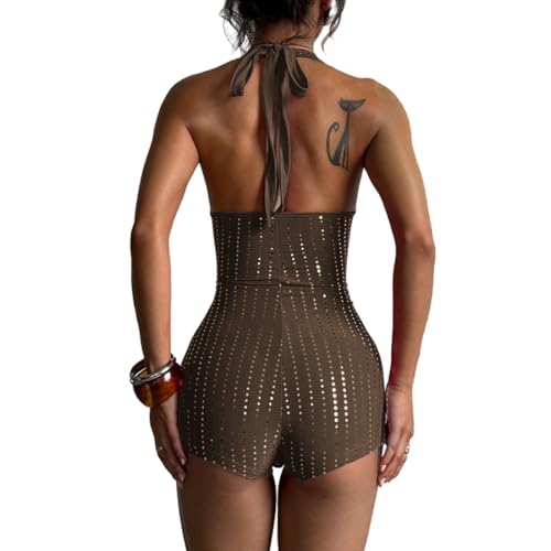 Women's Sequin Romper Short Jumpsuit Sparkly Deep V Neck Sleeveless Night Outfit - Image 4