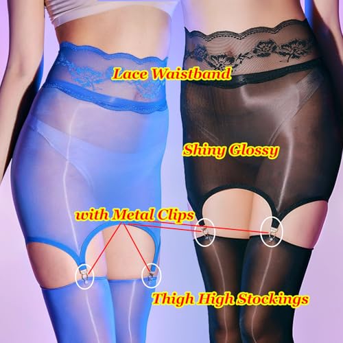 Women's Sexy 8D Nylon Sheer Suspender Pantyhose Oil Shiny Glossy Suspender Tights with 4 Metal Clips - Image 3