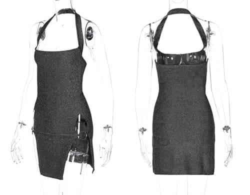 Women's Sexy Glitter Summer Halter Bodycon Dress Lace Criss Cross Spaghetti Mini Dress Backless Cowl Neck Party Dresses - Image 6