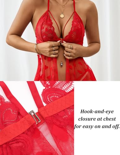 Women’s Sexy Lace Mesh Babydoll Lingerie Front Closure V-Neck Chemise with Heart Print, Sling Nightwear Sleepwear - Image 6