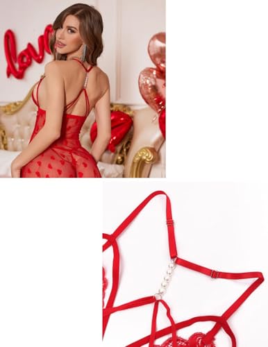 Women’s Sexy Lace Mesh Babydoll Lingerie Front Closure V-Neck Chemise with Heart Print, Sling Nightwear Sleepwear - Image 8