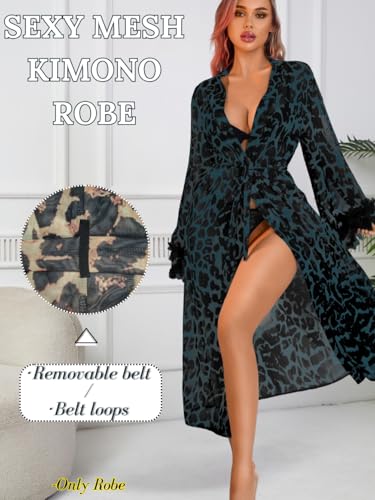 Alternative view of Women's Sexy Leopard Long Robe, Tiered Ruffle Sheer Mesh Kimono Dressing Gown Boudoir Shoot