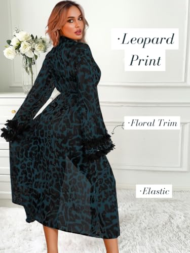 Women's Sexy Leopard Long Robe, Tiered Ruffle Sheer Mesh Kimono Dressing Gown Boudoir Shoot - Image 4