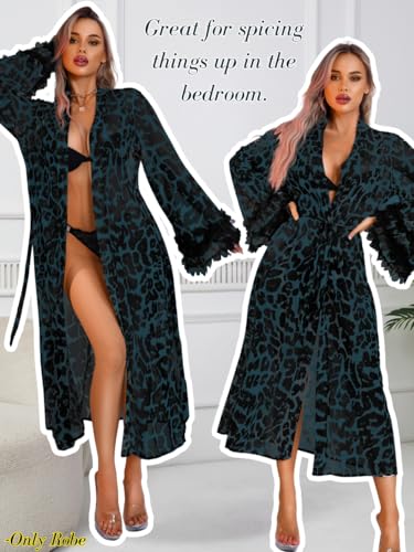Women's Sexy Leopard Long Robe, Tiered Ruffle Sheer Mesh Kimono Dressing Gown Boudoir Shoot - Image 5