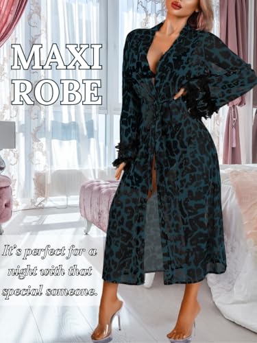 Women's Sexy Leopard Long Robe, Tiered Ruffle Sheer Mesh Kimono Dressing Gown Boudoir Shoot - Image 6