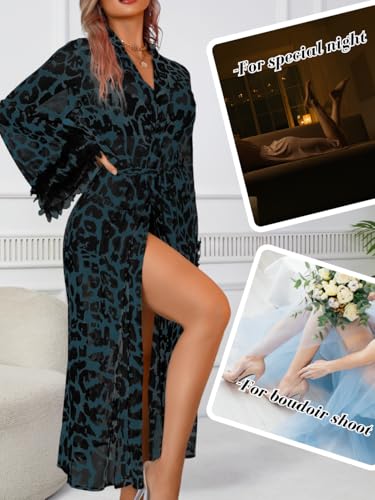 Women's Sexy Leopard Long Robe, Tiered Ruffle Sheer Mesh Kimono Dressing Gown Boudoir Shoot - Image 8