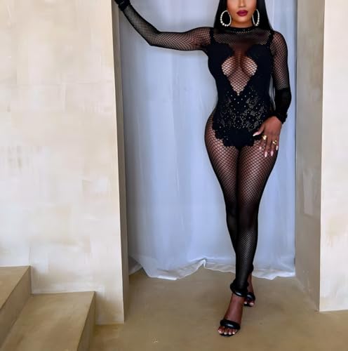 Women's Sexy Mesh Hollow Jumpsuit Club Rave Party Bodysuit Lace One Piece Romper - Image 7
