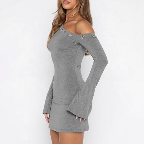 Women's Sexy One Shoulder Mini Bodycon Dress Bell Sleeves Sheath Dress Party Cocktail Dress for Date Night - Image 3