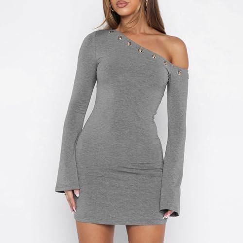Women's Sexy One Shoulder Mini Bodycon Dress Bell Sleeves Sheath Dress Party Cocktail Dress for Date Night - Image 6