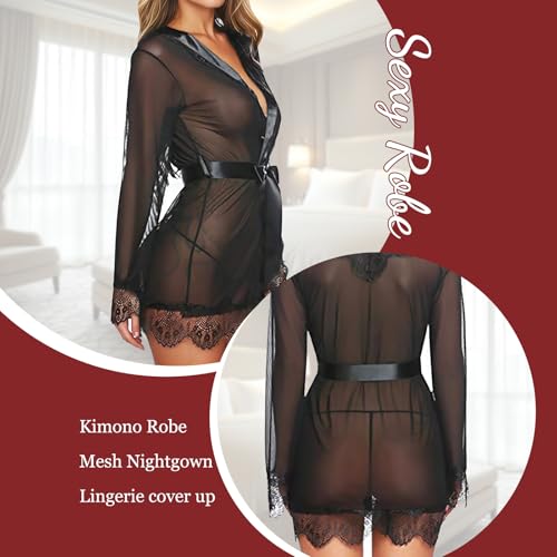 Womens Sexy Robe Lace Babydoll Front Closure V Neck Lingerie Sheer Mesh Chemise Nightwear Night Gowns Women Sexy Onesize 2-8 - Image 7