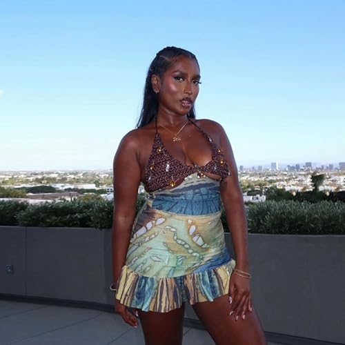 Women's Sexy Skirt Outfit Set, Backless Halter Neck Sexy Sets, Suspenders High Waist Printed Short Dress 2-piece - Image 4