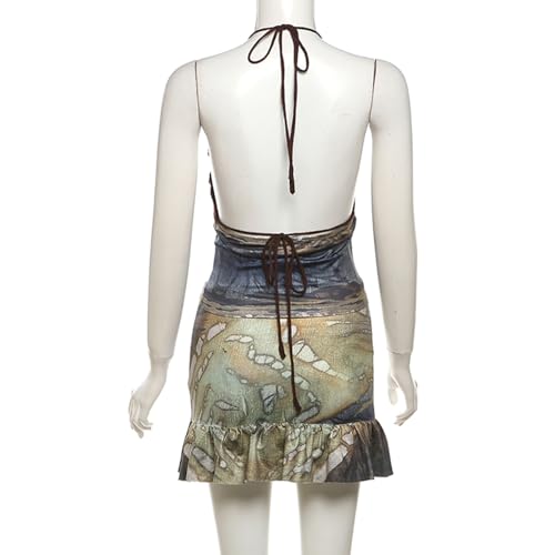 Women's Sexy Skirt Outfit Set, Backless Halter Neck Sexy Sets, Suspenders High Waist Printed Short Dress 2-piece - Image 7