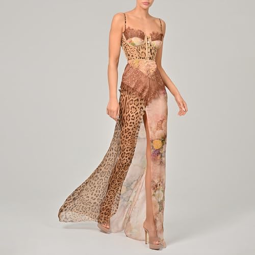 Women's Sexy Slim fit Chiffon Dress with Leopard Print Patchwork lace Slit Suspender Skirt and Floor Length Skirt - Image 4