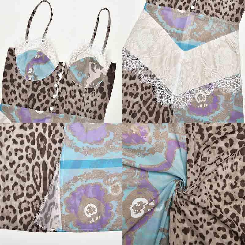Women's Sexy Slim fit Chiffon Dress with Leopard Print Patchwork lace Slit Suspender Skirt and Floor Length Skirt - Image 7