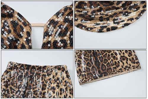 Women's Shiny Sequin Leopard Print Mini Skirt Set Sexy Cowl Neck Halter Top and Short Skirt - Image 5