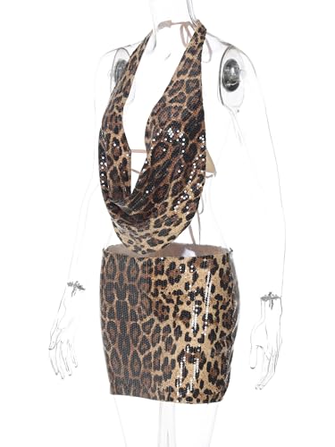Women's Shiny Sequin Leopard Print Mini Skirt Set Sexy Cowl Neck Halter Top and Short Skirt - Image 8