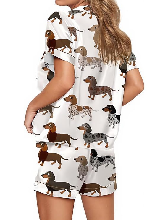 Womens Silk Satin pajamas Set Dachshund Pajama 2 Piece Outfit Short Sleeve Button Down Funny Pjs Sleepwear Loungewear - Image 3
