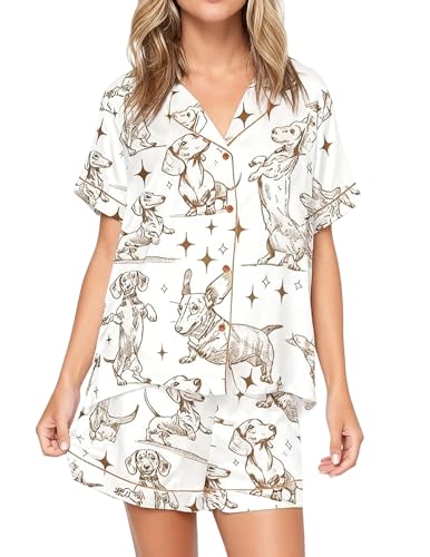 Womens Silk Satin pajamas Set Dachshund Pajama 2 Piece Outfit Short Sleeve Button Down Funny Pjs Sleepwear Loungewear - Image 4