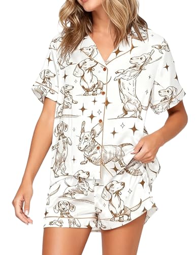 Womens Silk Satin pajamas Set Dachshund Pajama 2 Piece Outfit Short Sleeve Button Down Funny Pjs Sleepwear Loungewear - Image 5