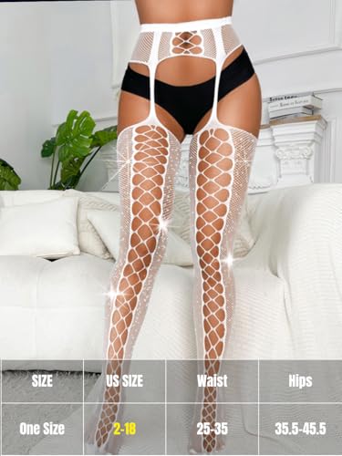Womens Sparkly Rhinestone Fishnets, Suspender Pantyhose With Garter Belt, Fishnet Stockings Sexy Costumes Rave Tights - Image 4