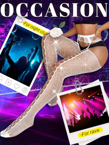 Womens Sparkly Rhinestone Fishnets, Suspender Pantyhose With Garter Belt, Fishnet Stockings Sexy Costumes Rave Tights - Image 5