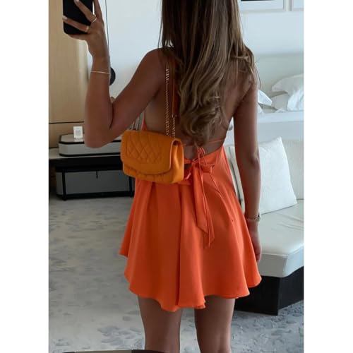 Women's Summer New Sexy Deep V-Neck Backless Loose A-line Cross-Back Bow Tie Belted Dress Solid Color Backless Mini Dress - Image 4