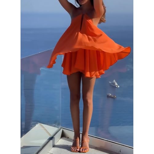 Women's Summer New Sexy Deep V-Neck Backless Loose A-line Cross-Back Bow Tie Belted Dress Solid Color Backless Mini Dress - Image 5
