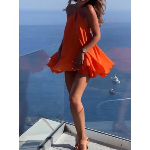 Women's Summer New Sexy Deep V-Neck Backless Loose A-line Cross-Back Bow Tie Belted Dress Solid Color Backless Mini Dress - Image 7