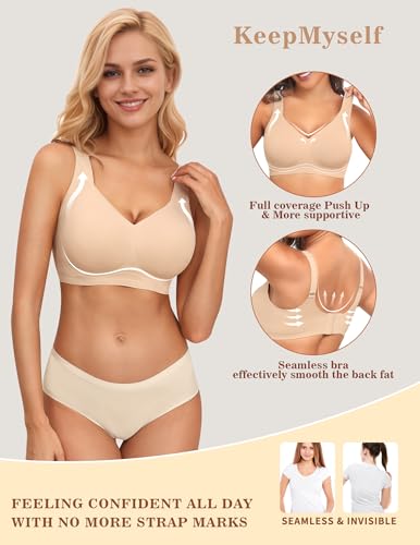 Women's Wireless Push Up Bra for Older Women, Full Coverage Seamless Supportive Back Smoothing T-Shirt Bra, Plus - Image 3