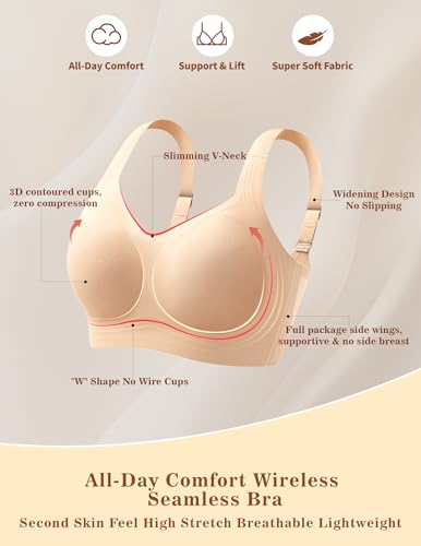 Women's Wireless Push Up Bra for Older Women, Full Coverage Seamless Supportive Back Smoothing T-Shirt Bra, Plus - Image 5