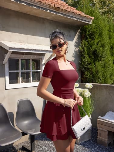 XXTAXN Women's Sexy Square Neck Short Sleeve Ruched Tiered Ruffle Hem Flowy Club Party Mini Dress - Image 5