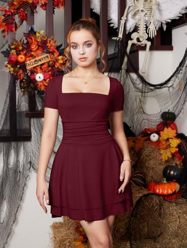 XXTAXN Women's Sexy Square Neck Short Sleeve Ruched Tiered Ruffle Hem Flowy Club Party Mini Dress - Image 6