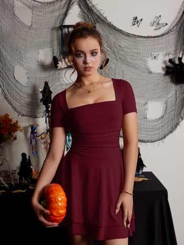 XXTAXN Women's Sexy Square Neck Short Sleeve Ruched Tiered Ruffle Hem Flowy Club Party Mini Dress - Image 7