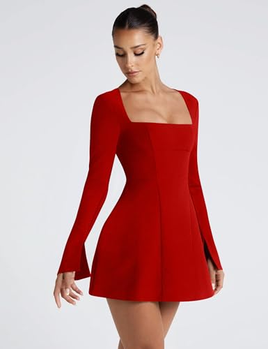 YMDUCH Women's Sexy Long Sleeve Square Neck A-Line Mini Club Prom Dress - Image 4
