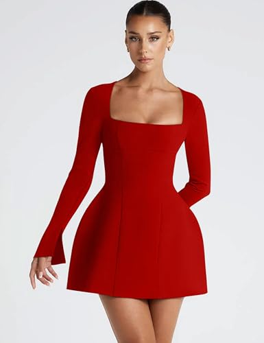 YMDUCH Women's Sexy Long Sleeve Square Neck A-Line Mini Club Prom Dress - Image 5