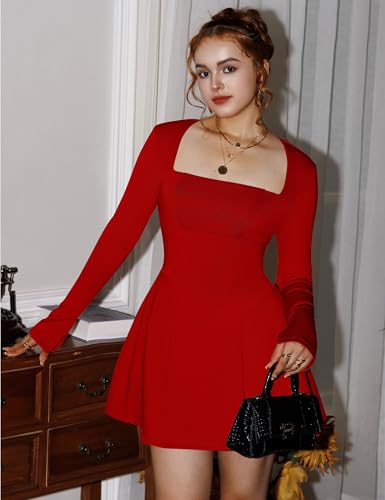 YMDUCH Women's Sexy Long Sleeve Square Neck A-Line Mini Club Prom Dress - Image 6