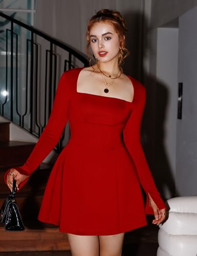 YMDUCH Women's Sexy Long Sleeve Square Neck A-Line Mini Club Prom Dress - Image 7