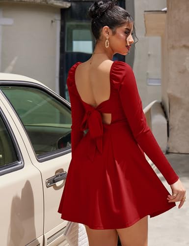YMDUCH Women's Sexy Long Sleeve Square Neck Adjustable Straps Bow Tie A-line Mini Party Club Dress - Image 3