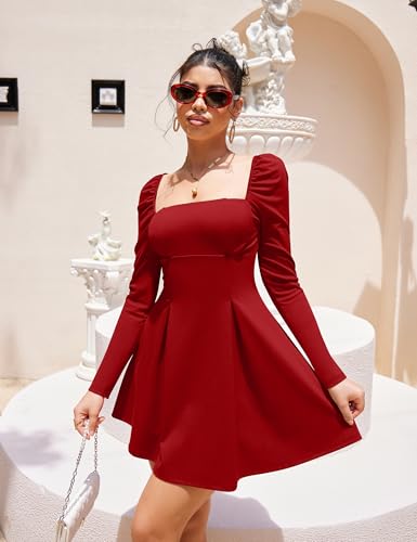 YMDUCH Women's Sexy Long Sleeve Square Neck Adjustable Straps Bow Tie A-line Mini Party Club Dress - Image 4